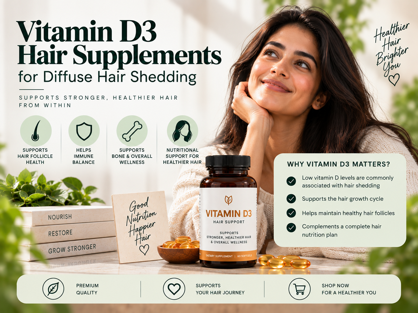 Vitamin D3 Hair Supplements for Diffuse Hair Shedding Female model with healthy-looking hair alongside a Vitamin D3 supplement bottle and capsules, representing nutritional support in discussions around diffuse hair shedding.
