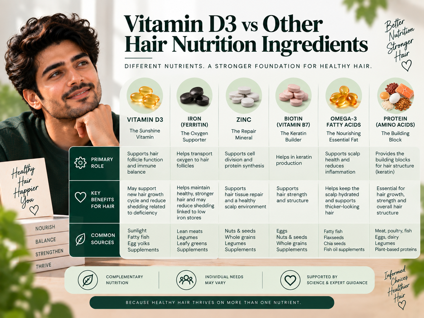 Vitamin D3 vs Other Hair Nutrition Ingredients Comparison infographic showing Vitamin D3 alongside iron, zinc, biotin, omega-3 fatty acids, and protein, highlighting their different roles in overall hair nutrition.
