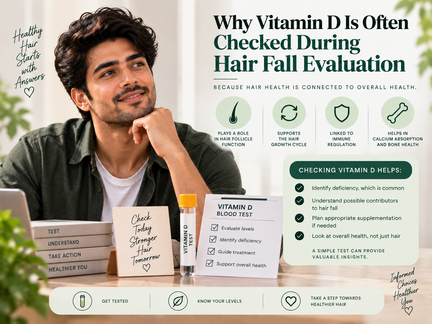 Why Vitamin D Is Often Checked During Hair Fall Evaluation Male model featured in an educational visual about vitamin D testing during hair fall evaluation, with hair follicle and vitamin D blood test illustrations.