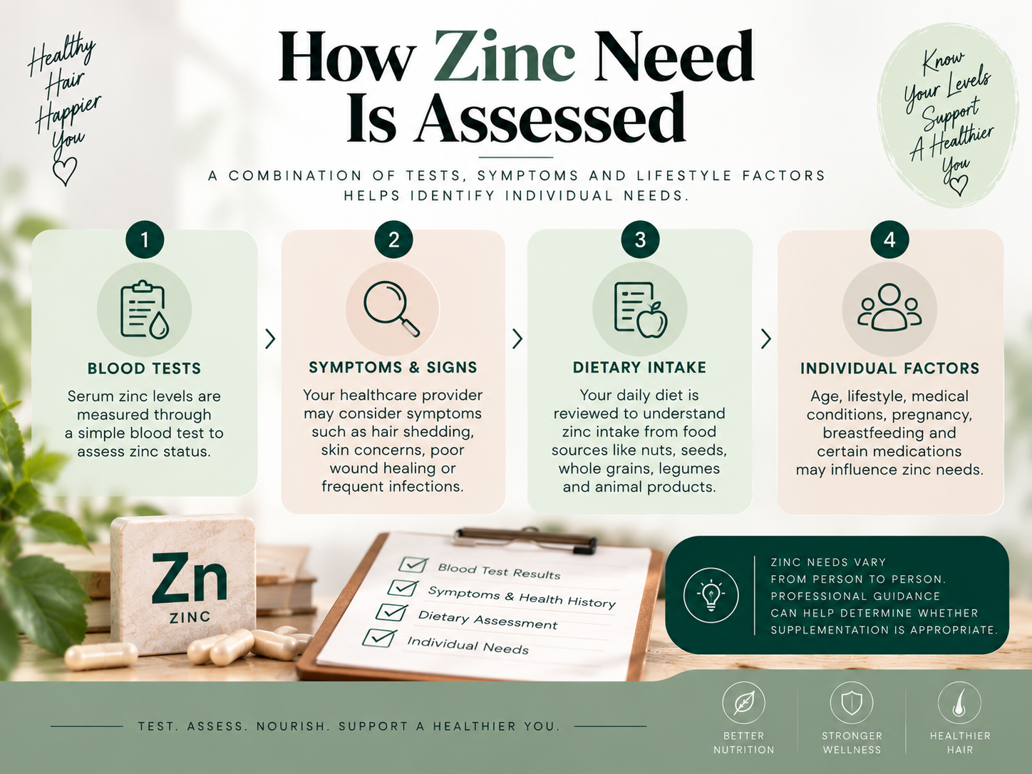 Educational infographic illustrating how zinc needs may be assessed through blood tests, symptoms, dietary intake, and individual factors.