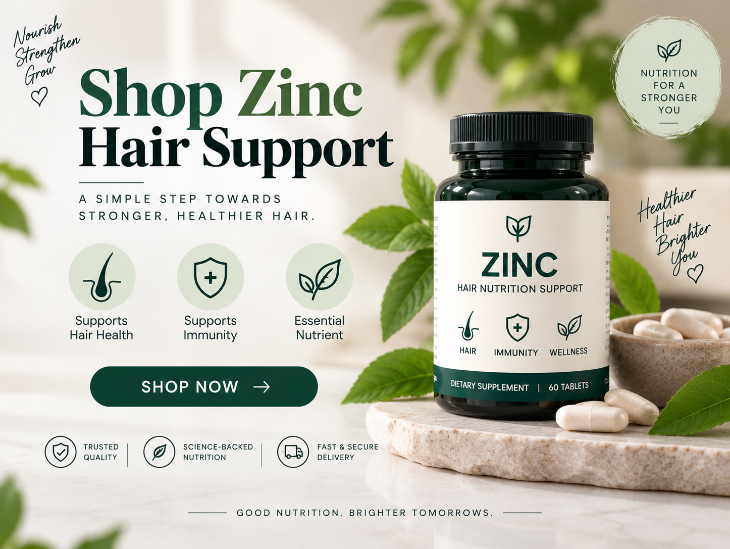 Zinc hair support supplement bottle with capsules and natural botanical ingredients.
