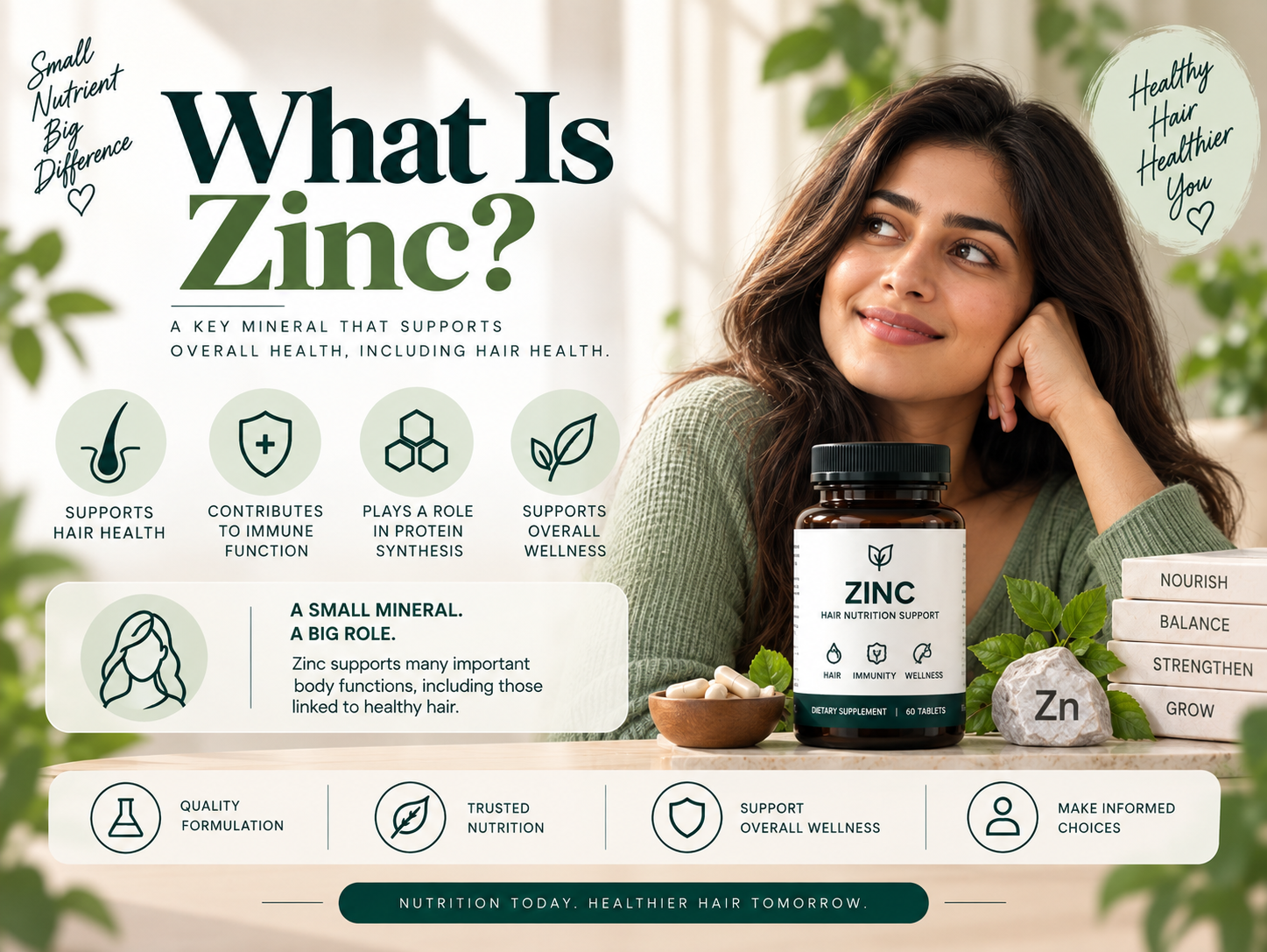 What is zinc? A zinc supplement infographic highlighting its role in hair health, immune function, protein synthesis, and overall wellness.