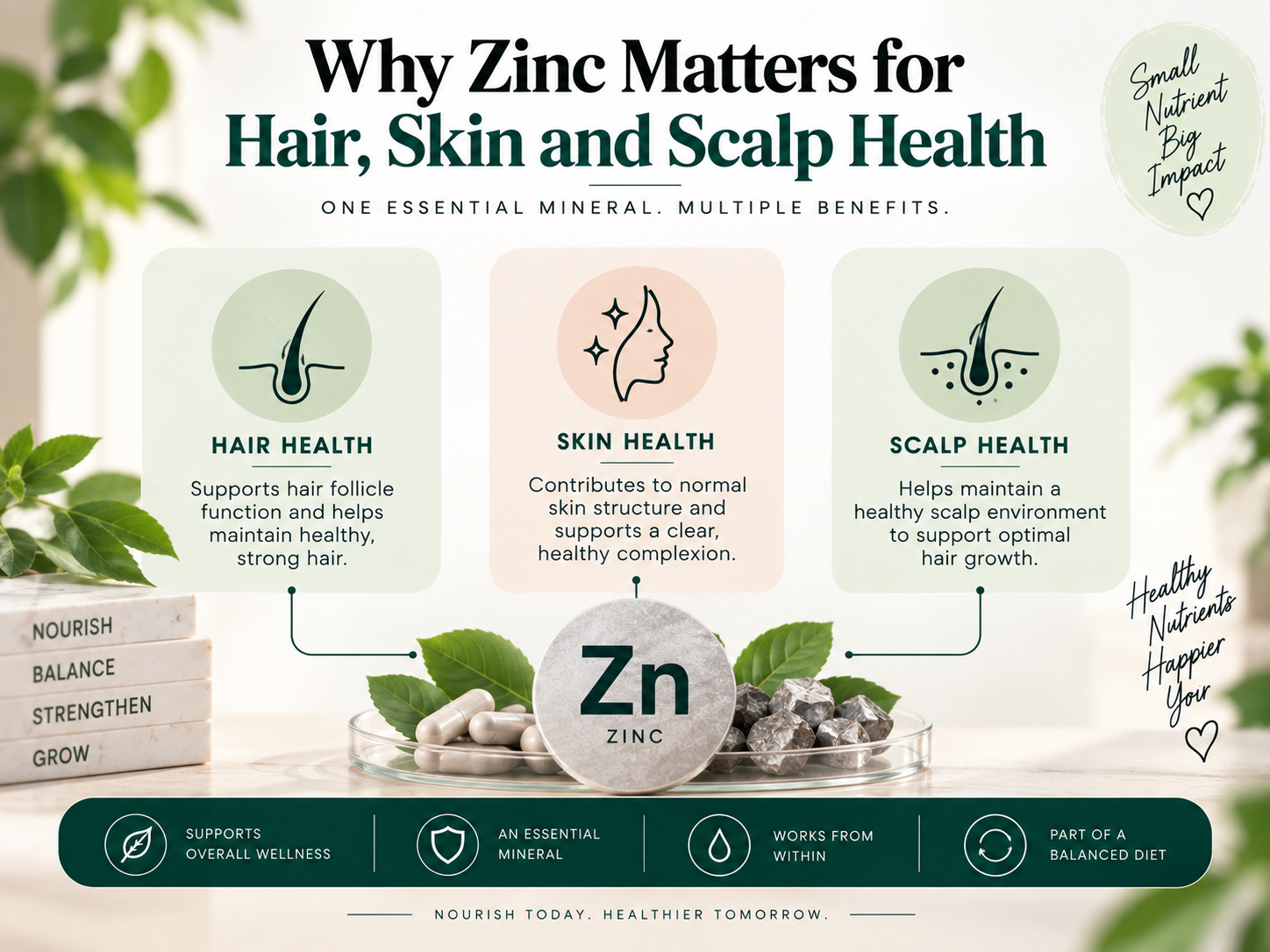 Educational infographic showing zinc's role in supporting hair, skin, and scalp health with hair follicle, skin, scalp, and zinc mineral illustrations.