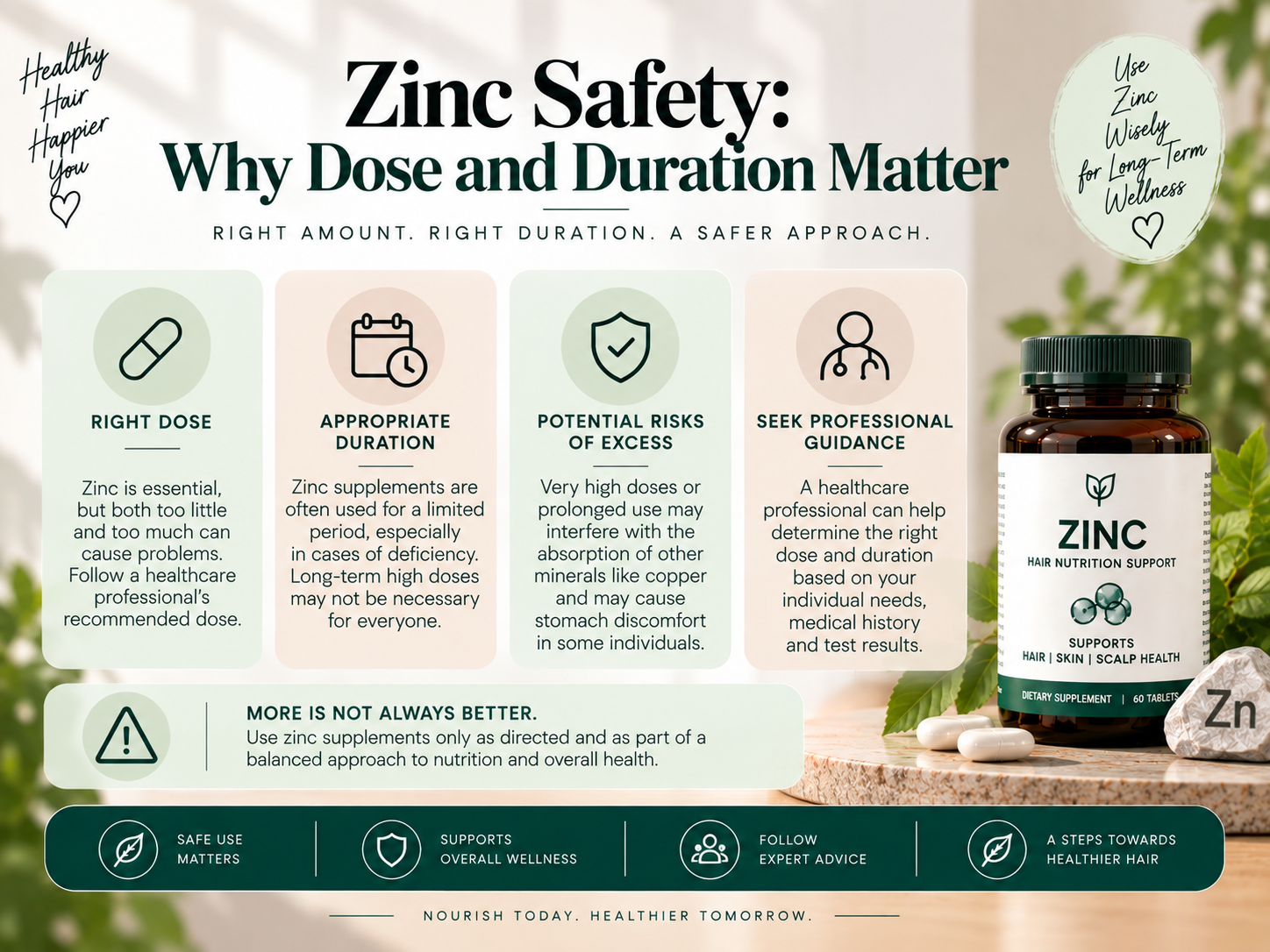 Educational visual about zinc supplement safety, showing appropriate dosing, duration of use, potential excess risks, and professional guidance.