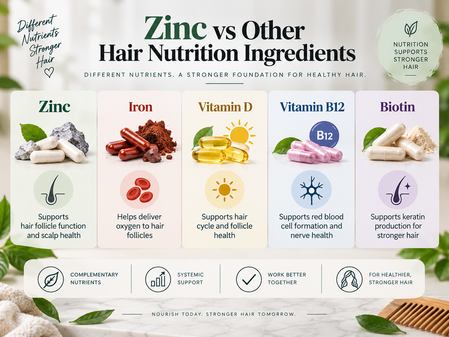 Comparison of zinc, iron, vitamin D, vitamin B12, and biotin for hair nutrition support.