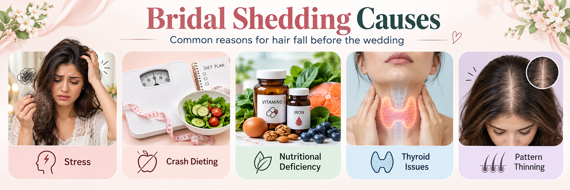 Bridal hair shedding causes including stress, crash dieting, nutritional deficiency, thyroid issues and pattern thinning
