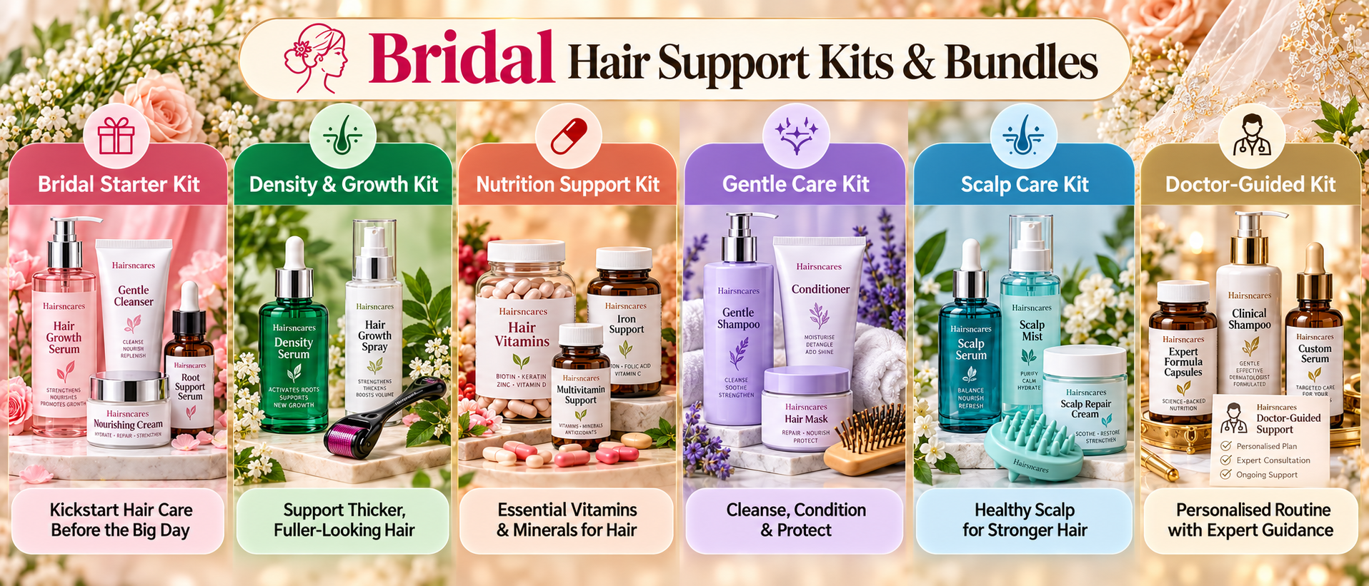 Bridal hair support kits including starter, density, nutrition, gentle care, scalp care and doctor-guided options