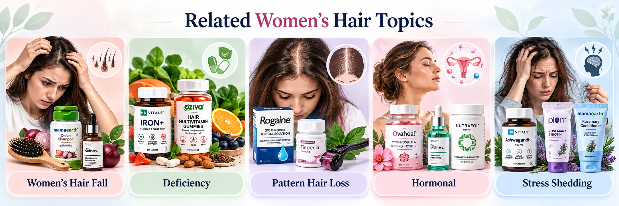 Related women's hair topics including hair fall, nutritional deficiency, pattern hair loss, hormonal changes and stress shedding