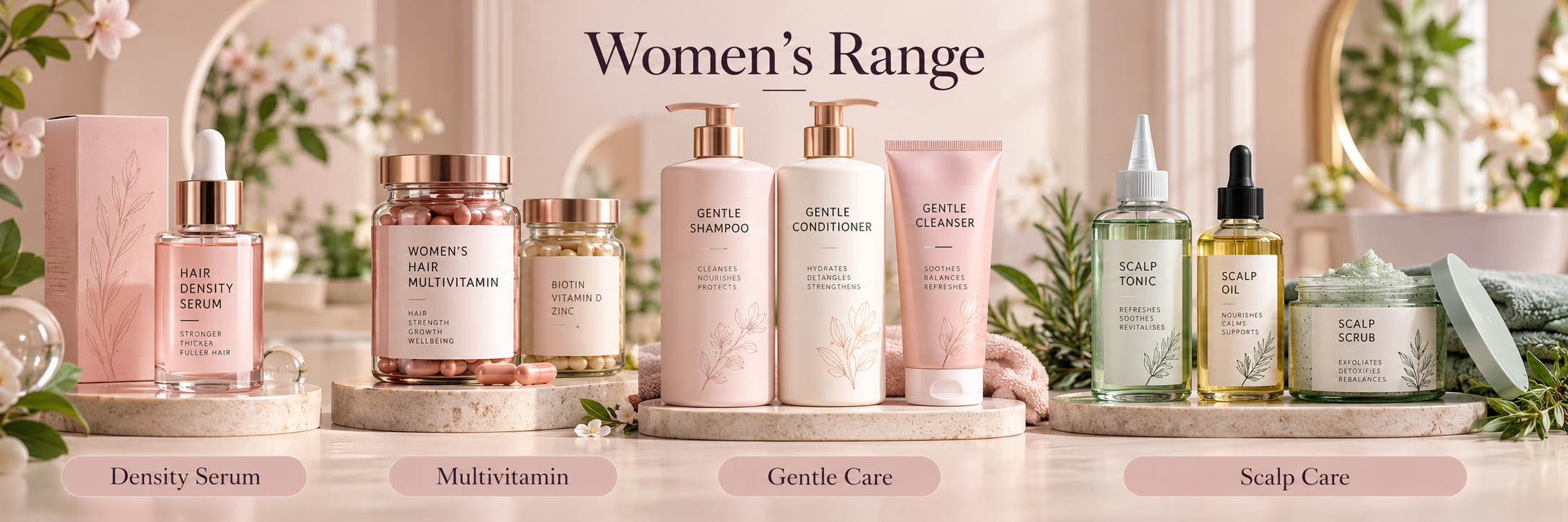 Women's hair support range with density serum, multivitamin, gentle hair care and scalp care products