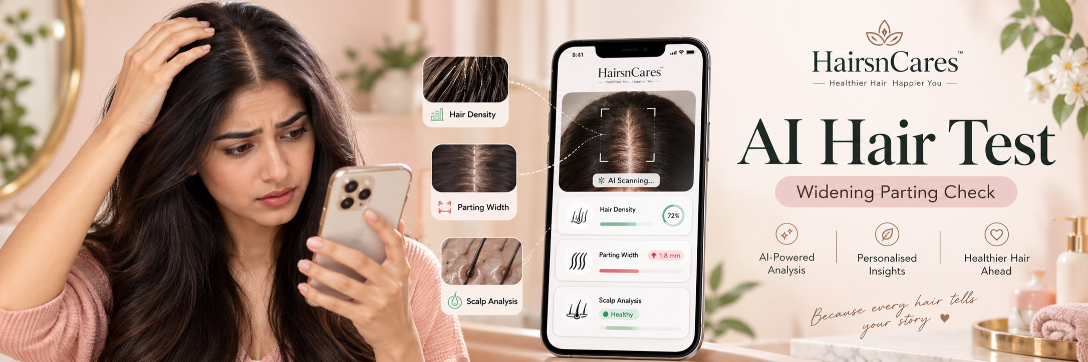Indian woman checking widening parting using an AI hair test — Hairsncares