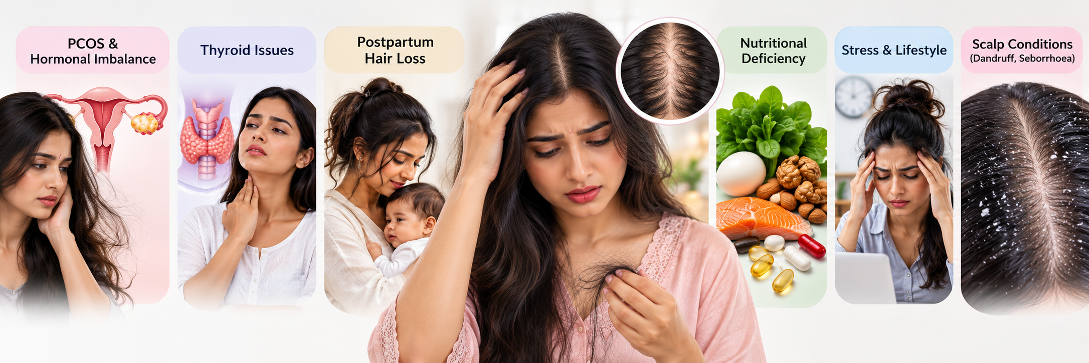 Causes of hair loss in women including PCOS, thyroid issues, postpartum changes, nutritional deficiency, stress and dandruff
