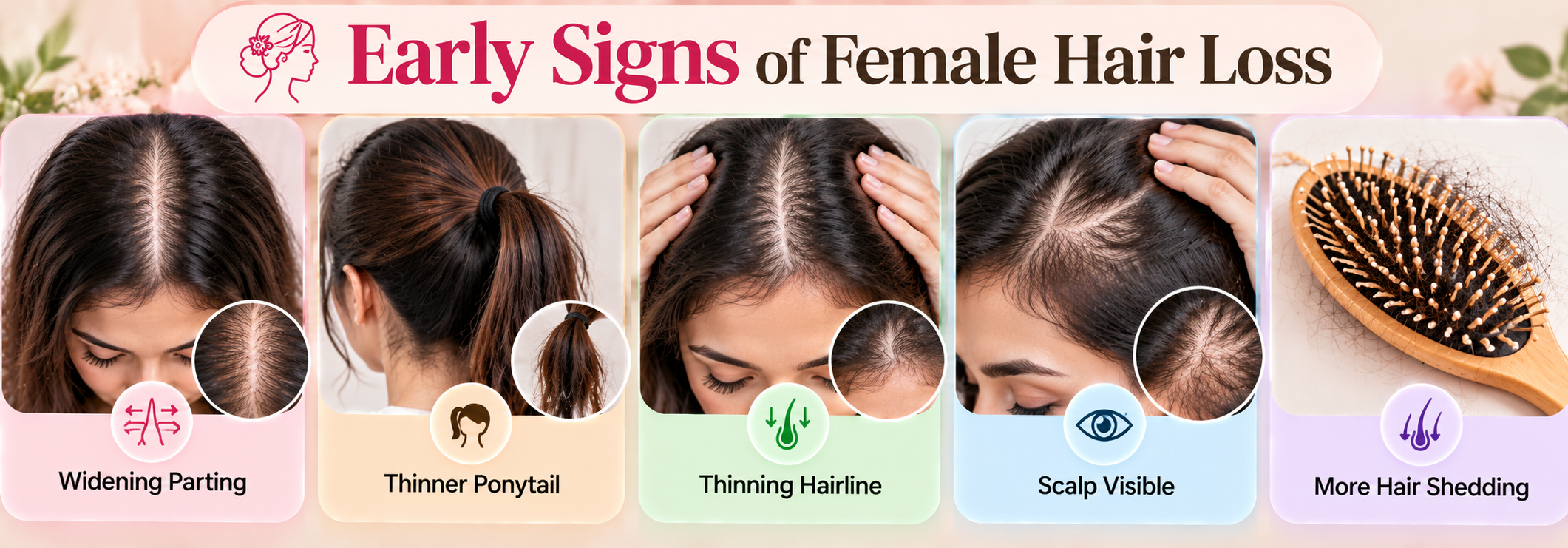 Early signs of female hair loss including widening parting, thinner ponytail and visible scalp