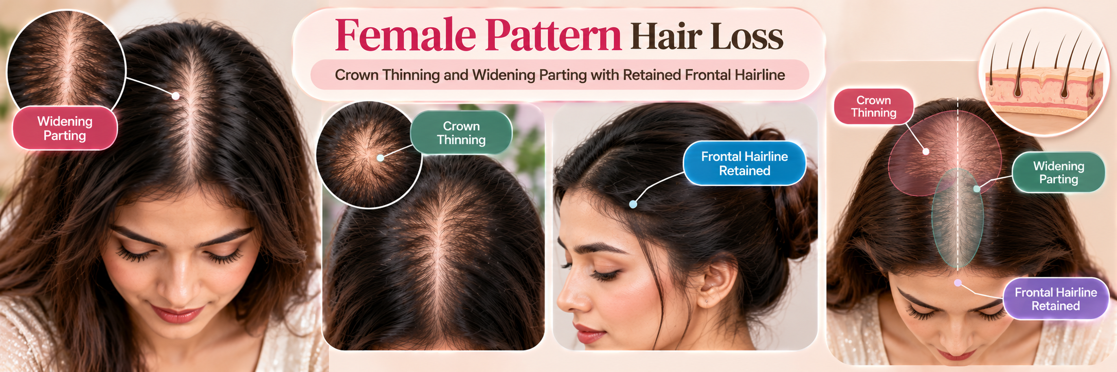 Female pattern hair loss with crown thinning, widening parting and retained frontal hairline