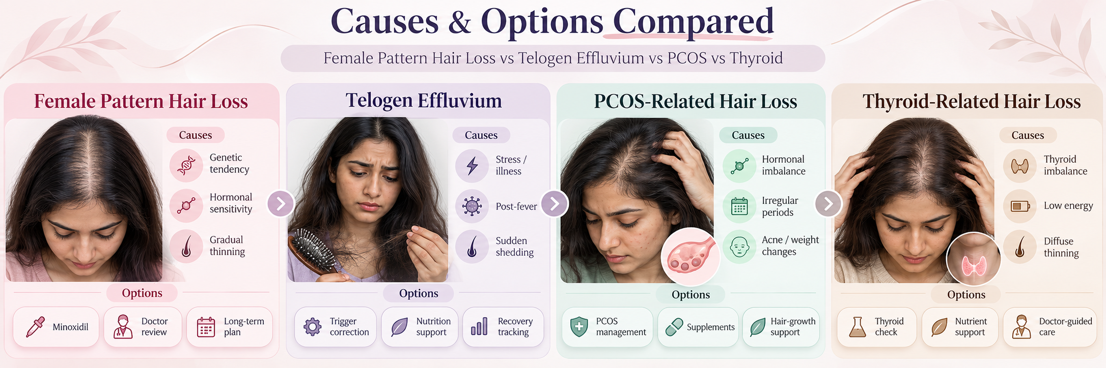 Female pattern hair loss vs telogen effluvium vs PCOS vs thyroid hair loss comparison