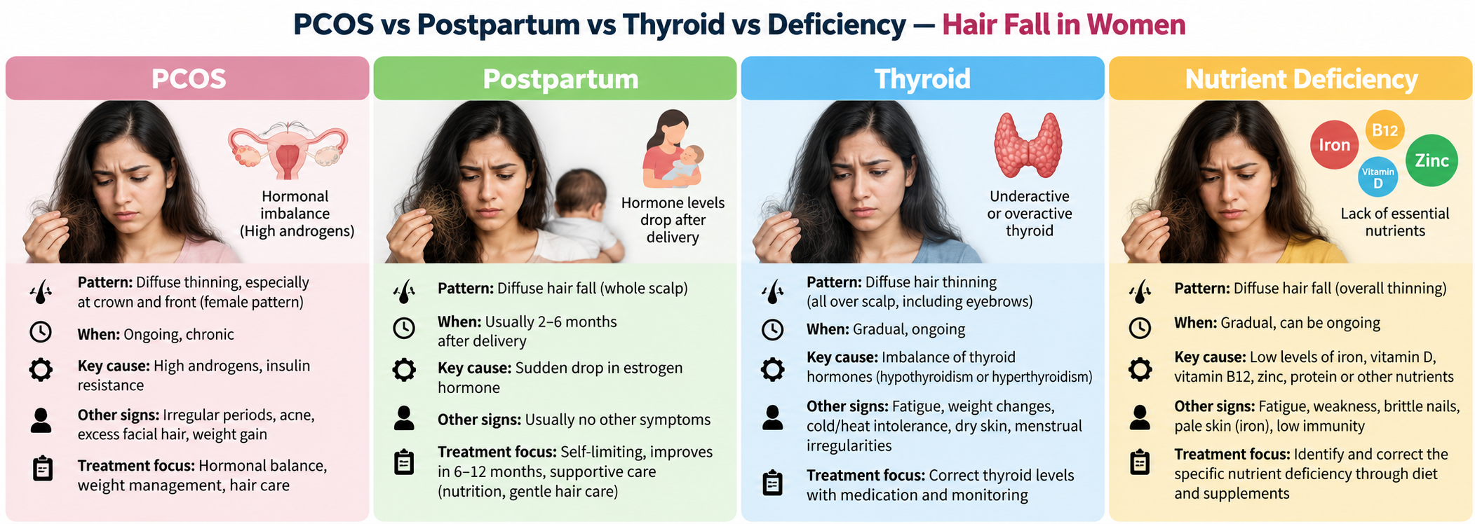 Comparison of PCOS, postpartum, thyroid and nutrient deficiency hair fall in women