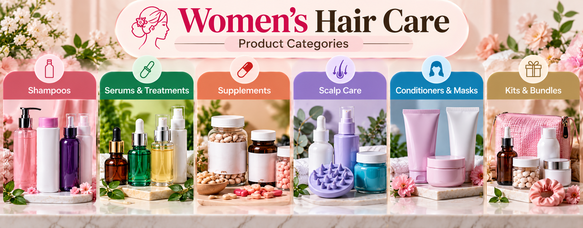 Women's hair loss products including shampoos, serums, supplements, scalp care and kits