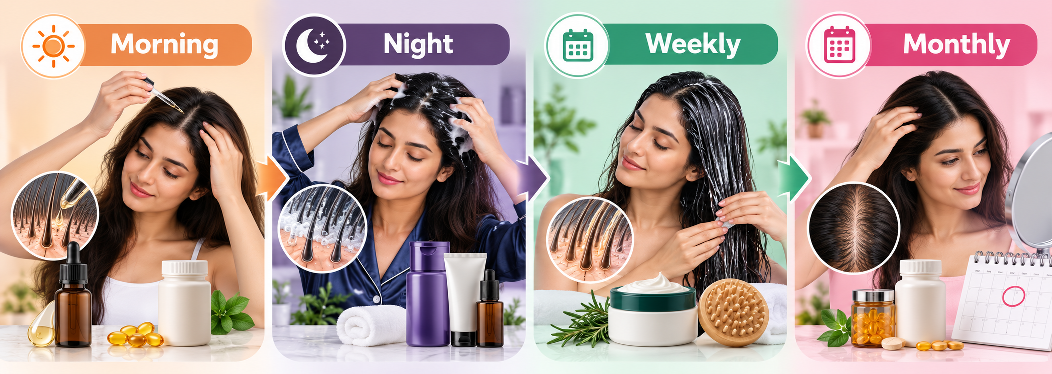 Women's hair loss routine with morning, night, weekly and monthly hair care steps
