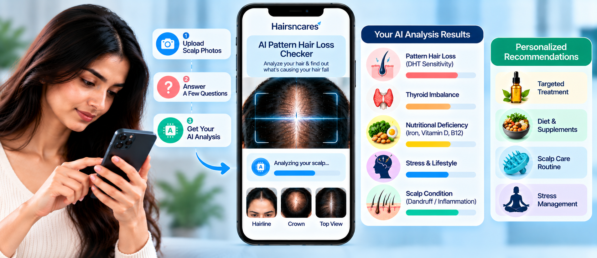 Woman using the Hairsncares AI Pattern Hair Loss Checker to analyse scalp photos and view potential hair loss factors.