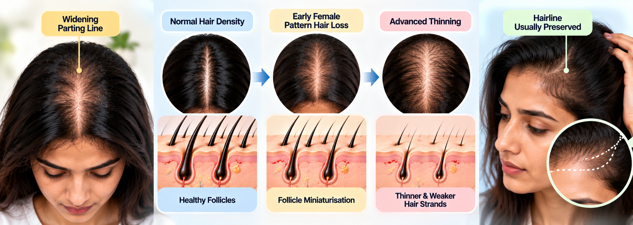 Woman using the Hairsncares AI Pattern Hair Loss Checker to analyse scalp photos and view potential hair loss factors.