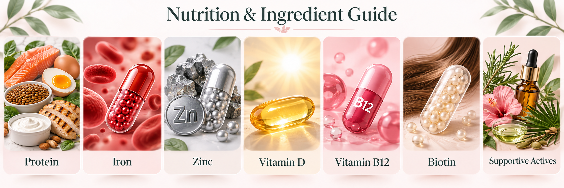 Nutrition and ingredient guide for hair health with protein, iron, zinc, vitamin D, vitamin B12, biotin and supportive actives