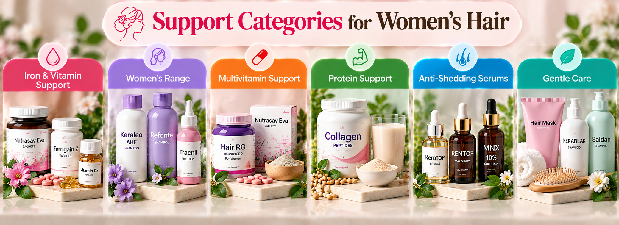 Women's hair support categories including iron and vitamin support, multivitamins, protein support, anti-shedding serums and gentle care