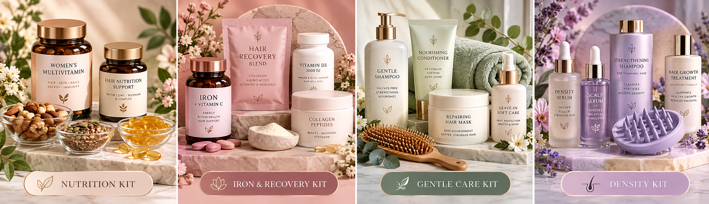 Supportive hair kits including nutrition, iron and recovery, gentle care and density support