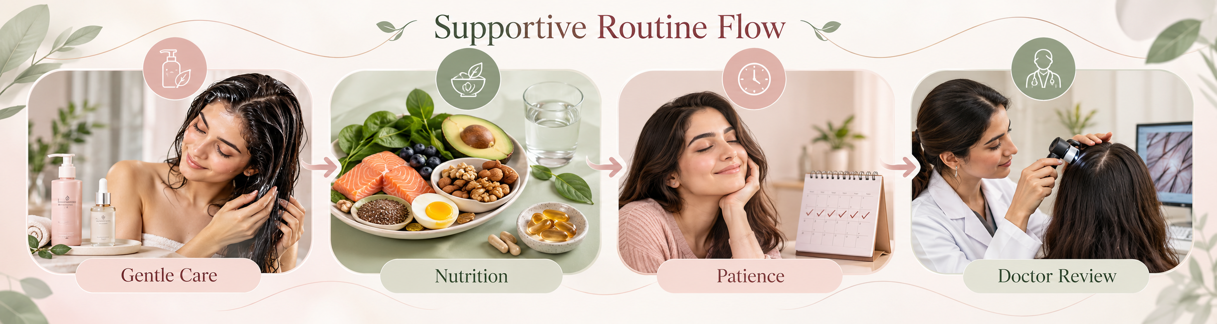 Supportive hair fall routine showing gentle care, nutrition, patience and doctor review
