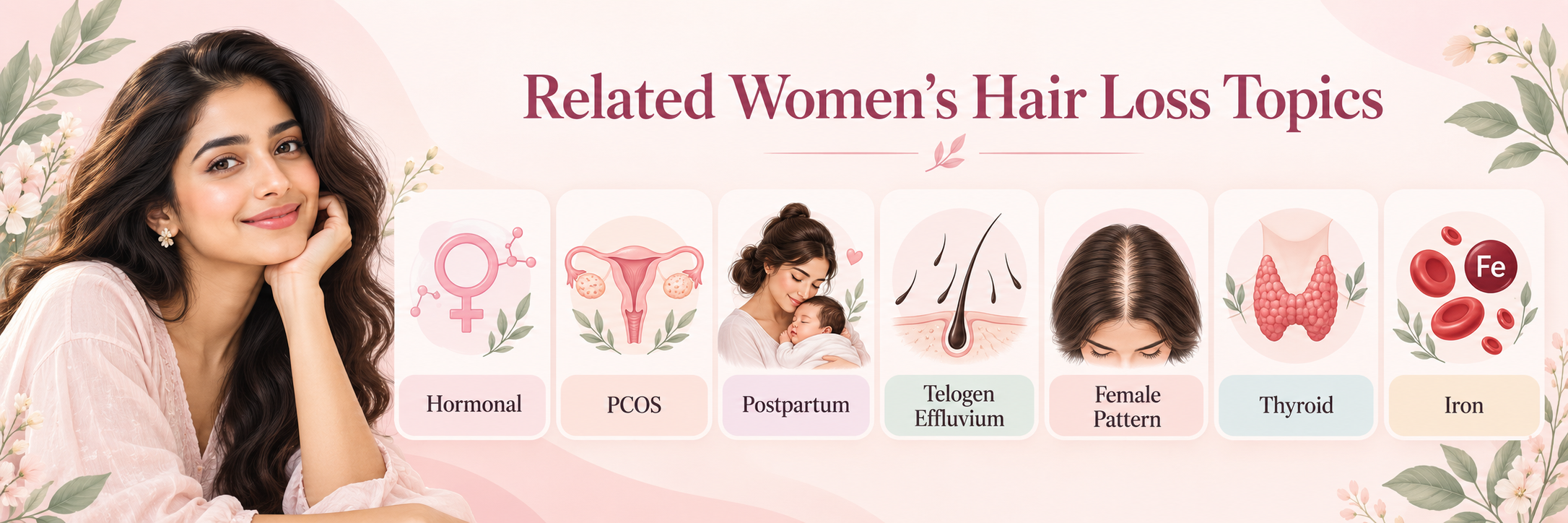 Related women’s hair loss topics including hormonal hair loss, PCOS, postpartum shedding, telogen effluvium, female pattern hair loss, thyroid issues and iron deficiency