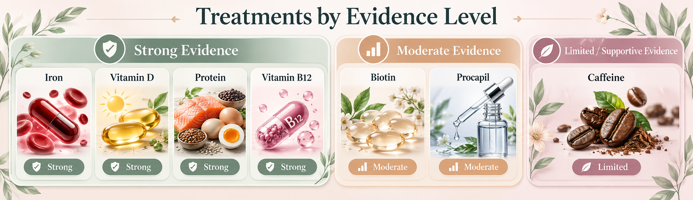 Hair loss treatments by evidence level including iron, vitamin D, protein, vitamin B12, biotin, Procapil and caffeine