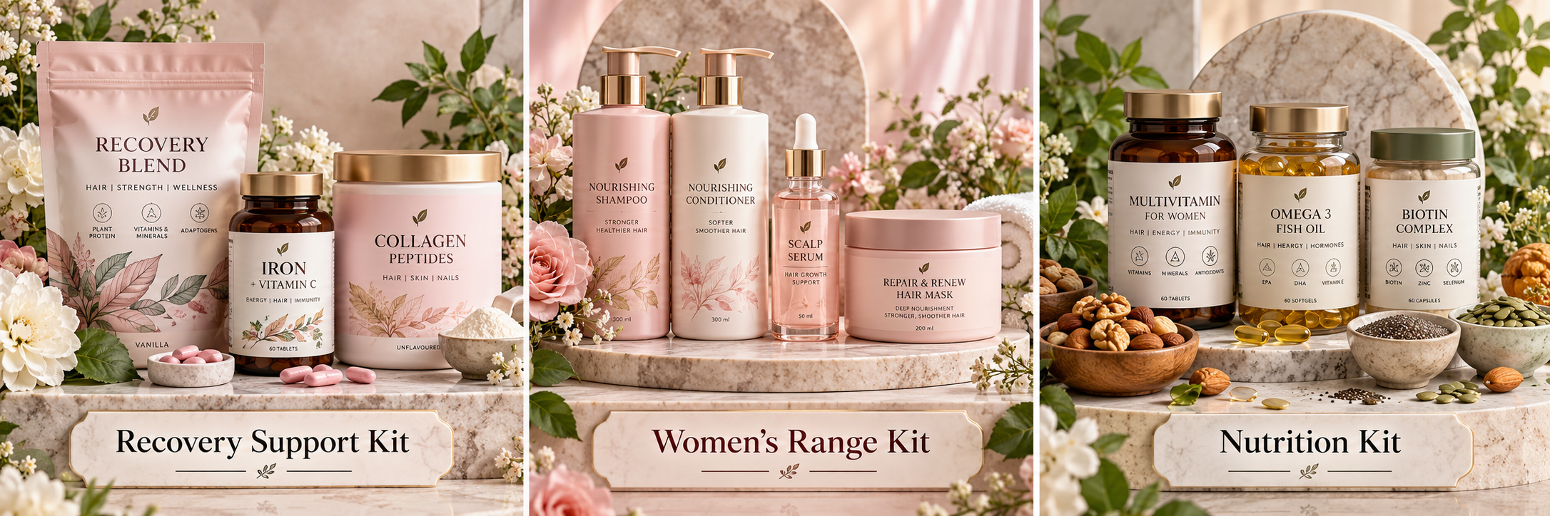 Supportive hair kits including recovery support, women's range and nutrition products