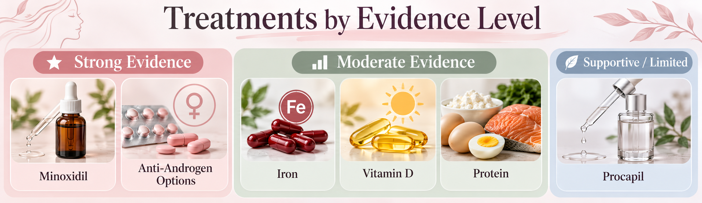 Hormonal hair loss treatments by evidence level including minoxidil, anti-androgen options, iron, vitamin D, protein and Procapil