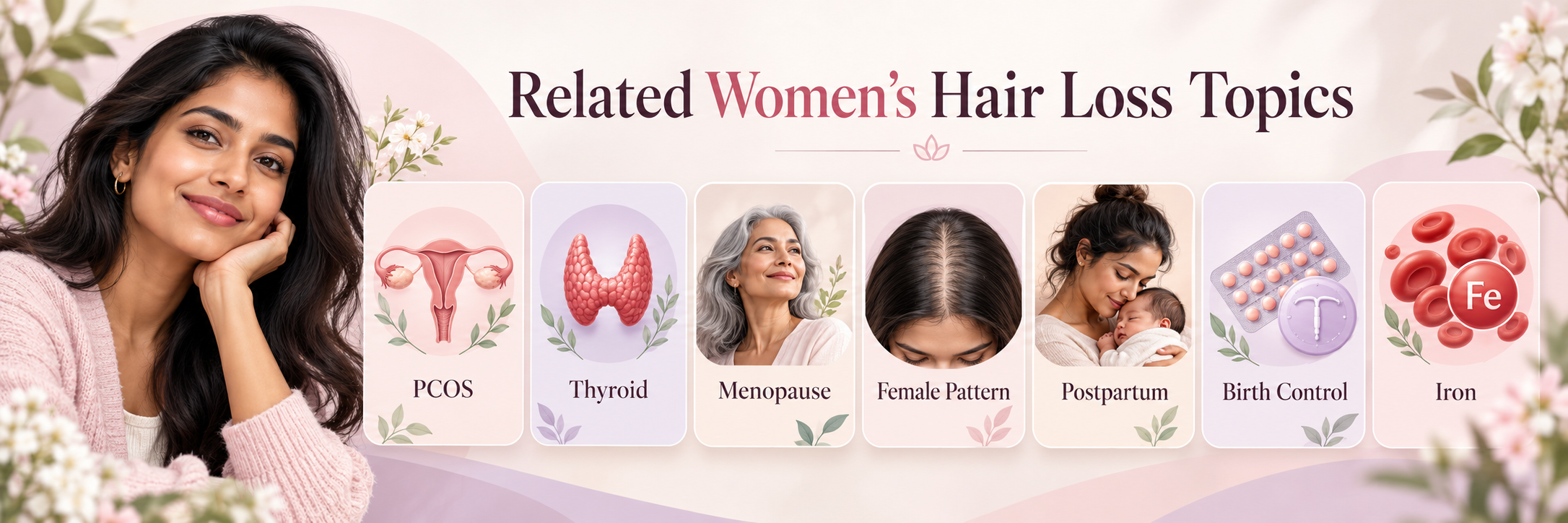 Related women’s hair loss topics including PCOS, thyroid, menopause, female pattern hair loss, postpartum shedding, birth control and iron deficiency