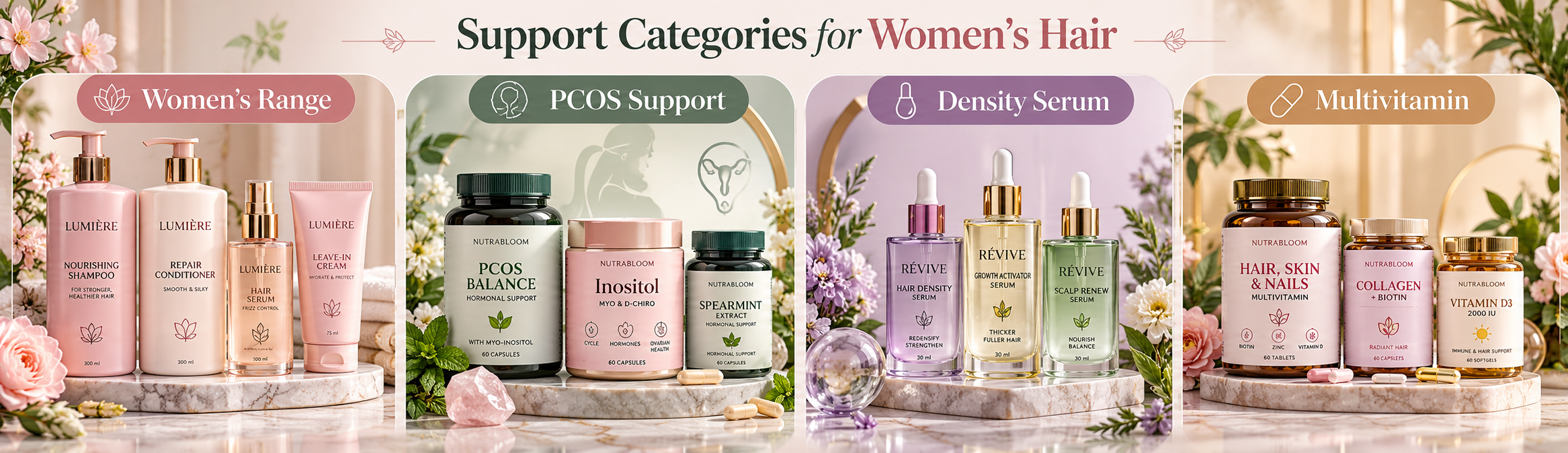 Women's hair support categories including women's range, PCOS support, density serum and multivitamin
