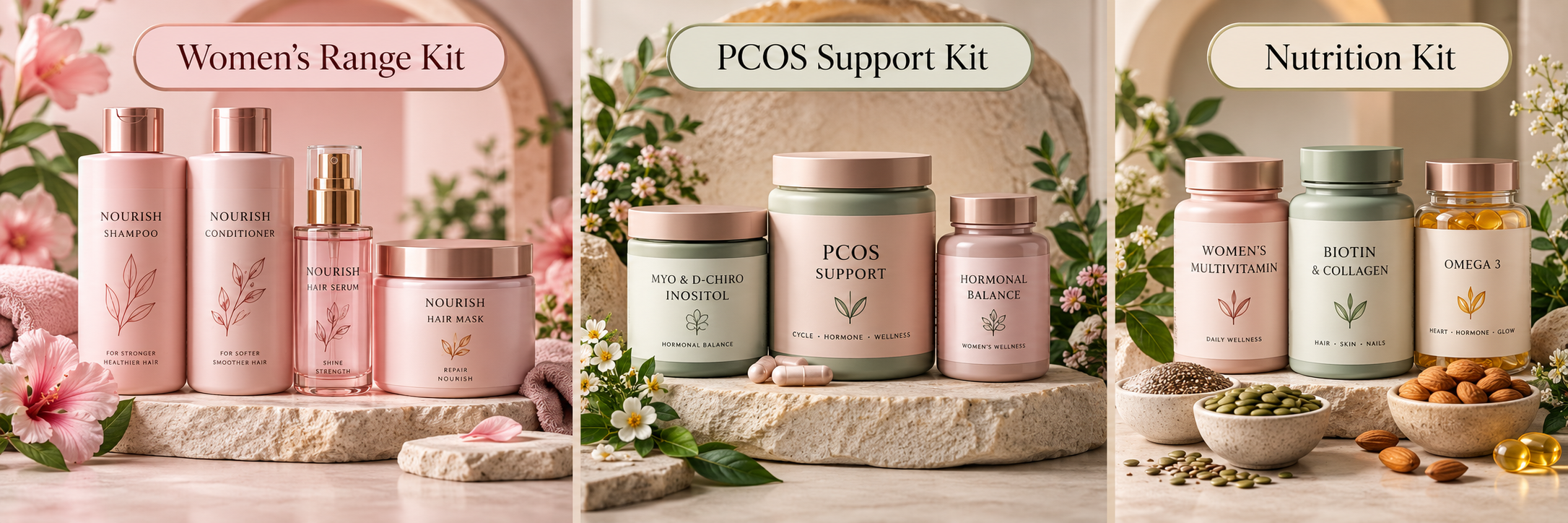 Supportive hair kits including women's range, PCOS support and nutrition products