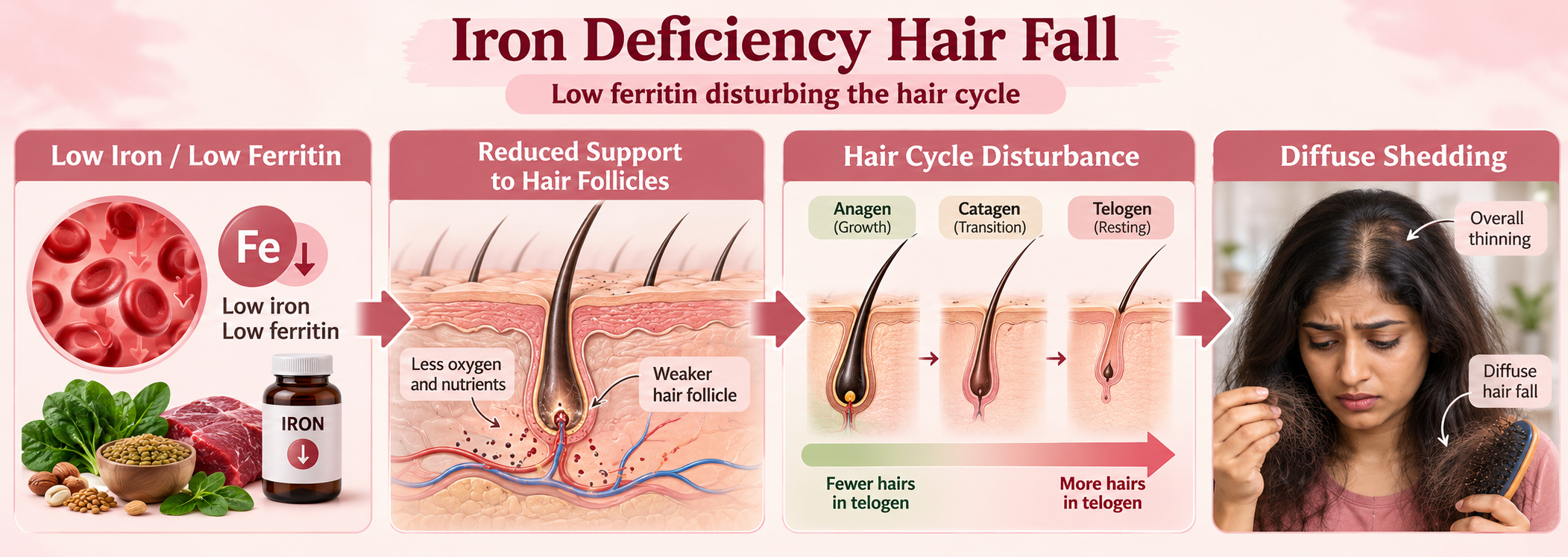 Iron deficiency hair fall caused by low ferritin disturbing the hair cycle and leading to diffuse shedding