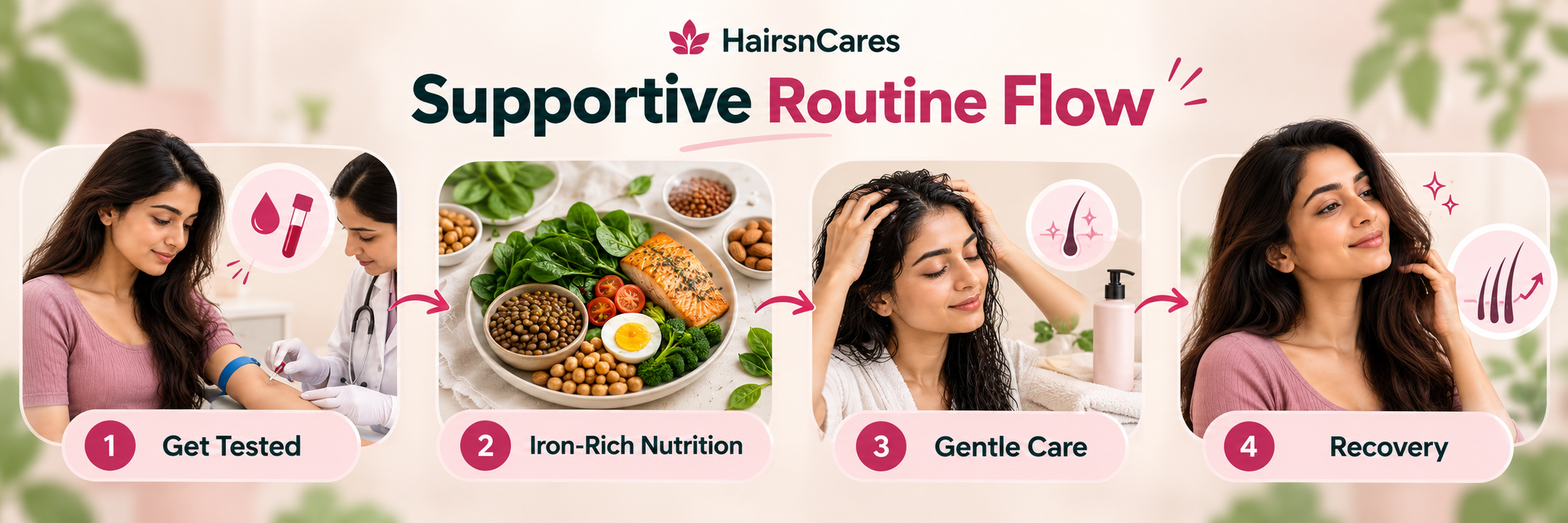 Supportive iron deficiency hair fall routine showing testing, iron-rich nutrition, gentle care and recovery