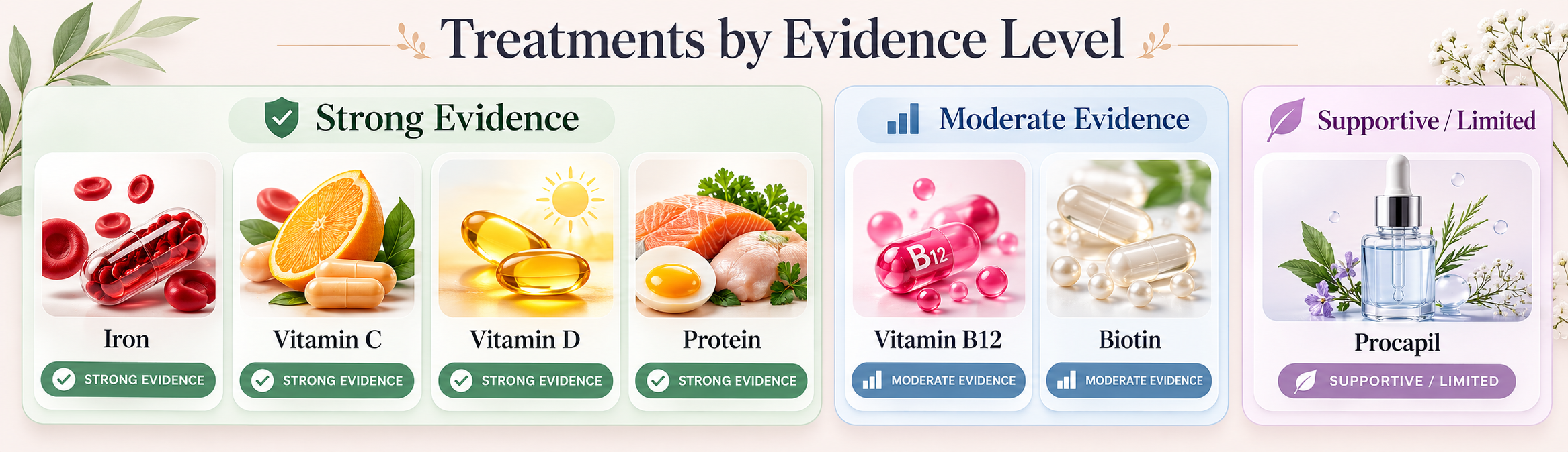Hair loss treatments by evidence level including iron, vitamin C, vitamin D, protein, vitamin B12, biotin and Procapil