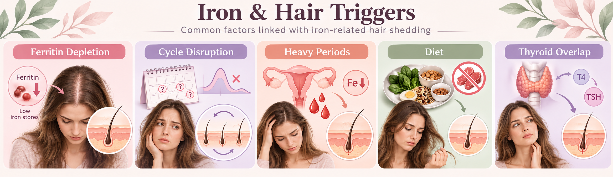Iron-related hair shedding triggers including ferritin depletion, cycle disruption, heavy periods, diet and thyroid overlap
