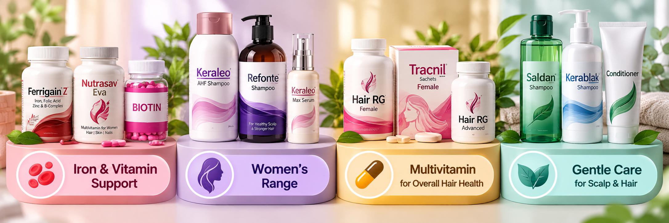 Women's hair support categories including iron and vitamin support, women's range, multivitamin and gentle care
