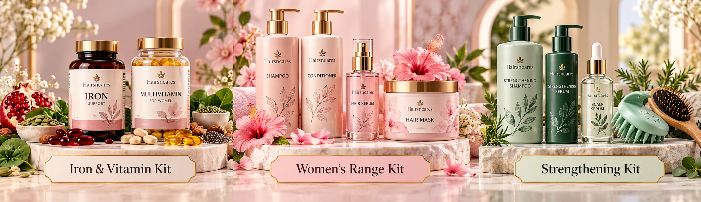 Supportive hair kits including iron and vitamin support, women's range and strengthening products