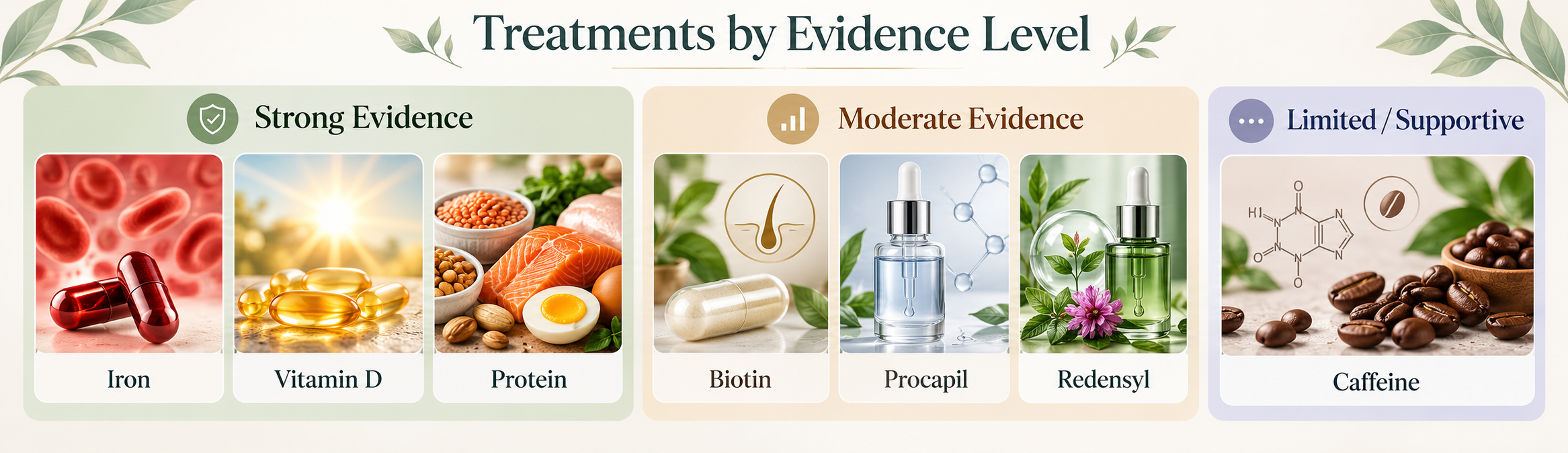 Menopause hair loss treatments by evidence level including iron, vitamin D, protein, biotin, Procapil, Redensyl and caffeine