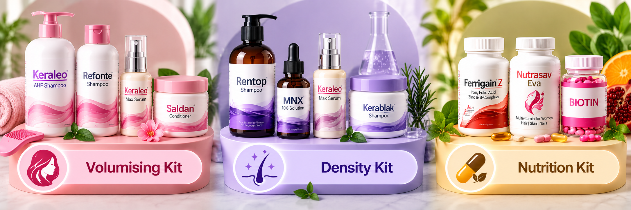 Supportive hair kits including volumising, density and nutrition products for women