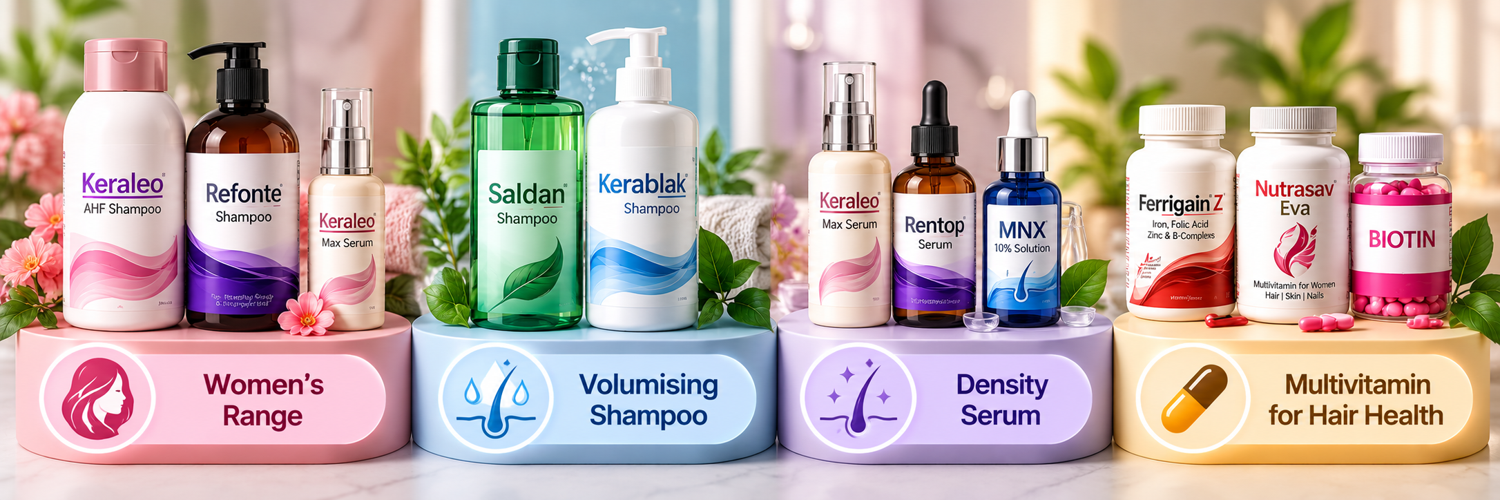 Women's hair support categories including women's range, volumising shampoo, density serum and multivitamin