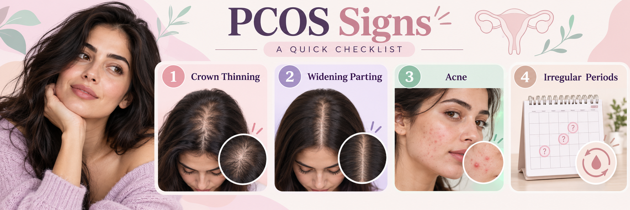 Signs of PCOS hair loss including crown thinning, widening parting, acne and irregular periods