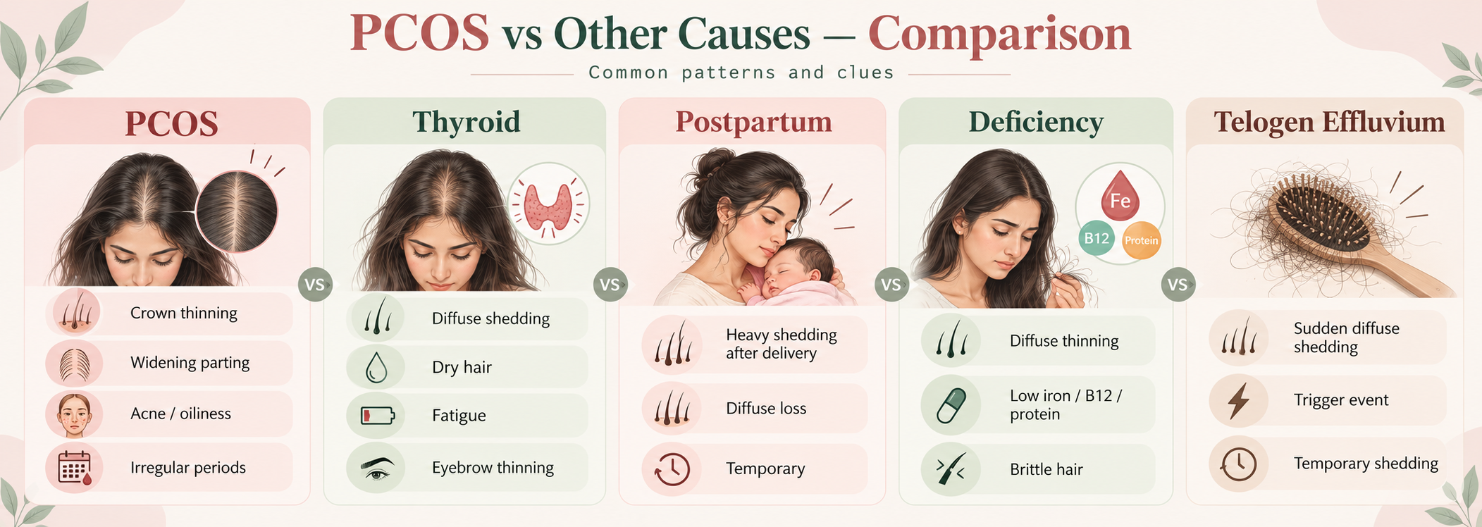 PCOS hair loss compared with thyroid, postpartum, nutrient deficiency and telogen effluvium
