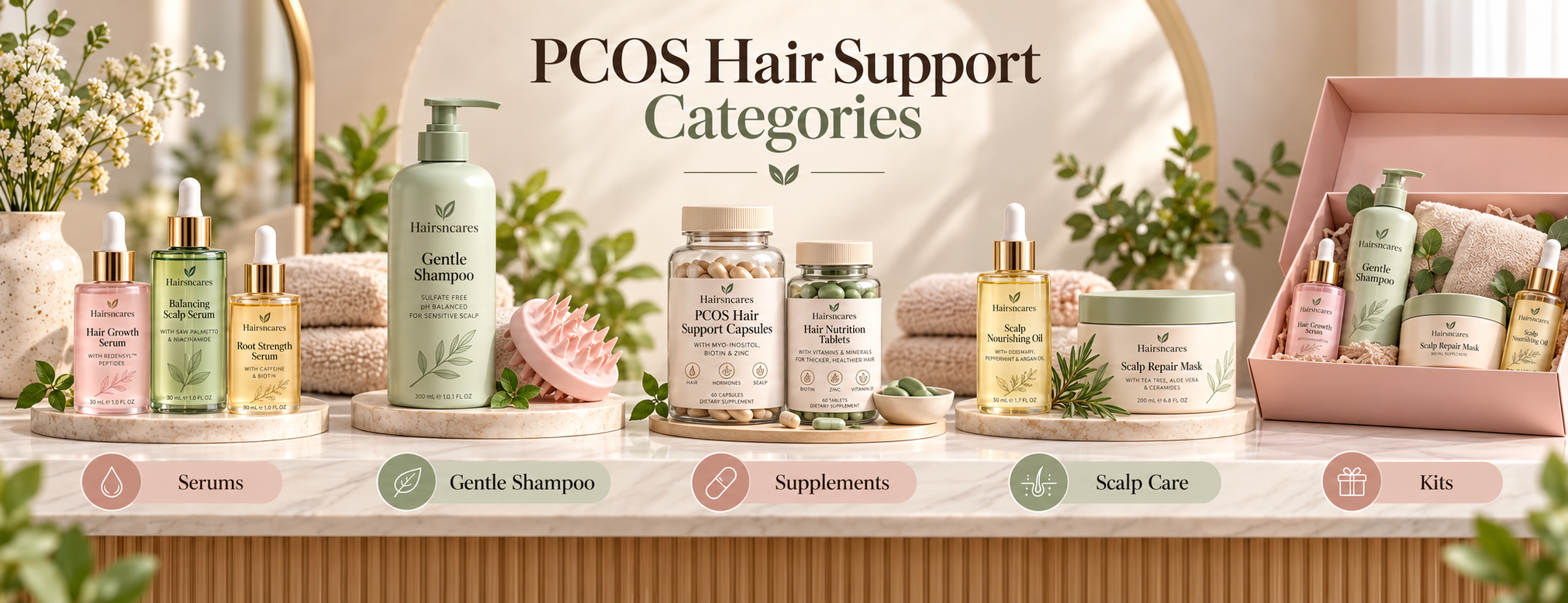PCOS hair support categories including serums, gentle shampoo, supplements, scalp care and hair care kits