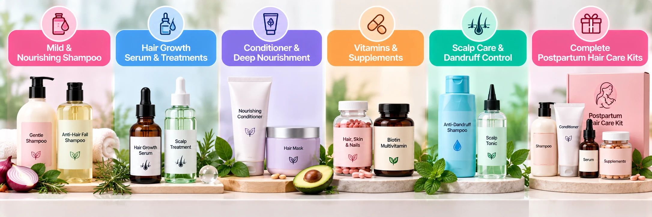 Postpartum hair support categories including mild shampoo, gentle hair serum, conditioner, supplements, scalp care, and postpartum hair care kits.