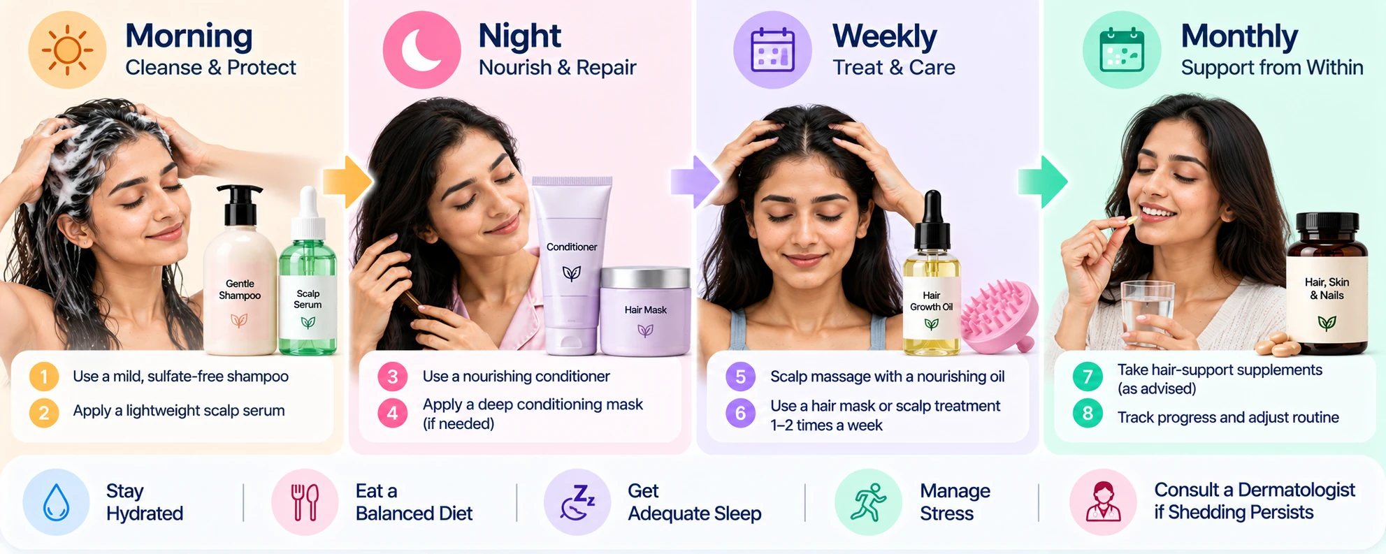 Gentle postpartum hair routine showing morning, night, weekly, and monthly steps for supporting hair and scalp health after pregnancy.