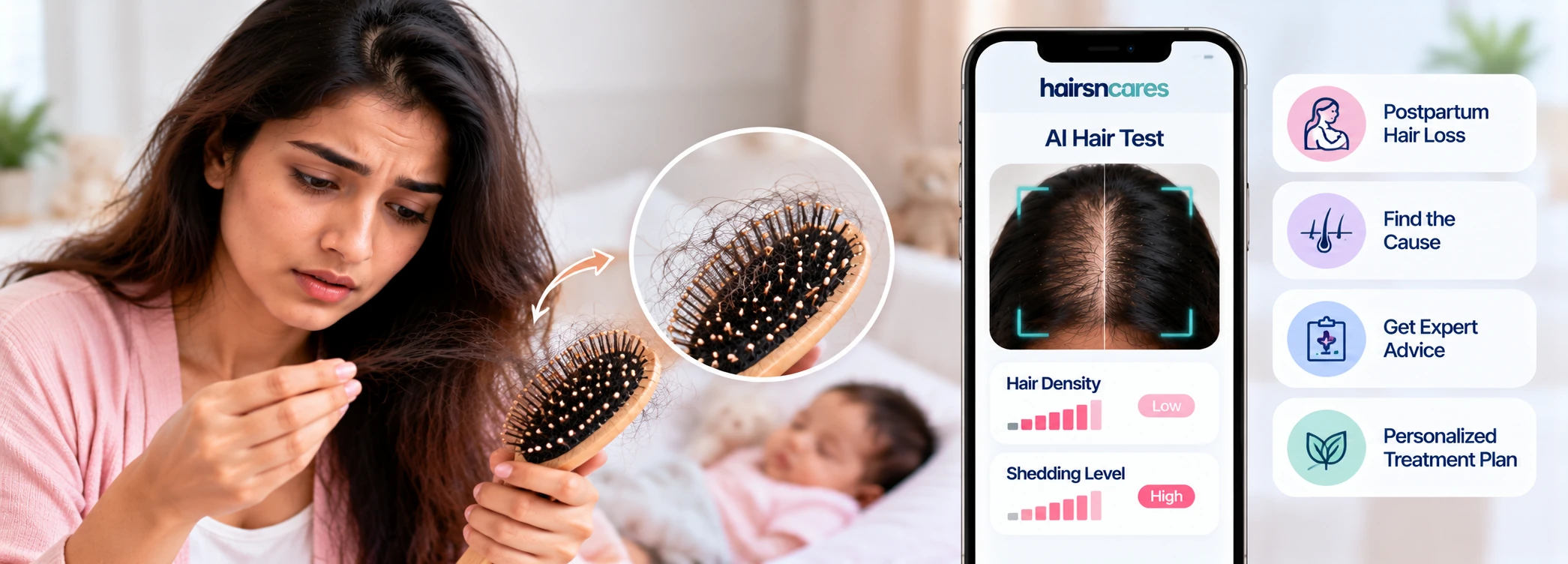 New mother checking postpartum hair shedding with the Hairsncares AI hair test after noticing increased hair fall.