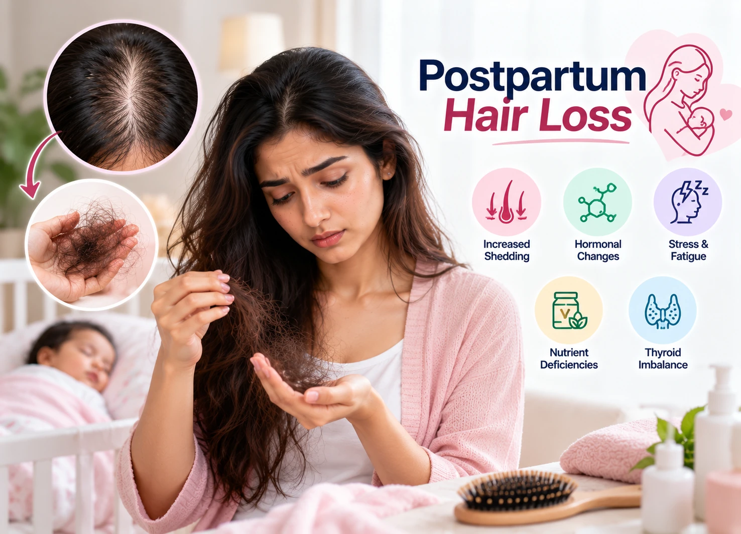 Postpartum hair loss in a new mother showing increased shedding, scalp thinning, hormonal changes, stress, nutrient deficiencies, and thyroid factors.